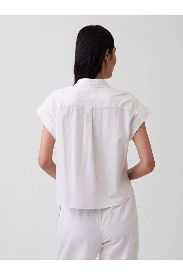 Женская свободная рубашка из льна с коротким рукавом Gap, White — фото 4