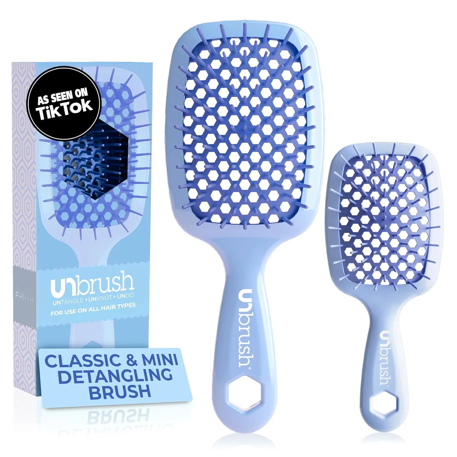 FHI Heat UNbrush Detangling Brush Combo Pack - оригинальная и мини UNbrush для всех типов волос, мокрых и сухих - DuoFlex антистатическая щетка, вентилируемая для безболезненного укладки, Periwinkle Light Blue