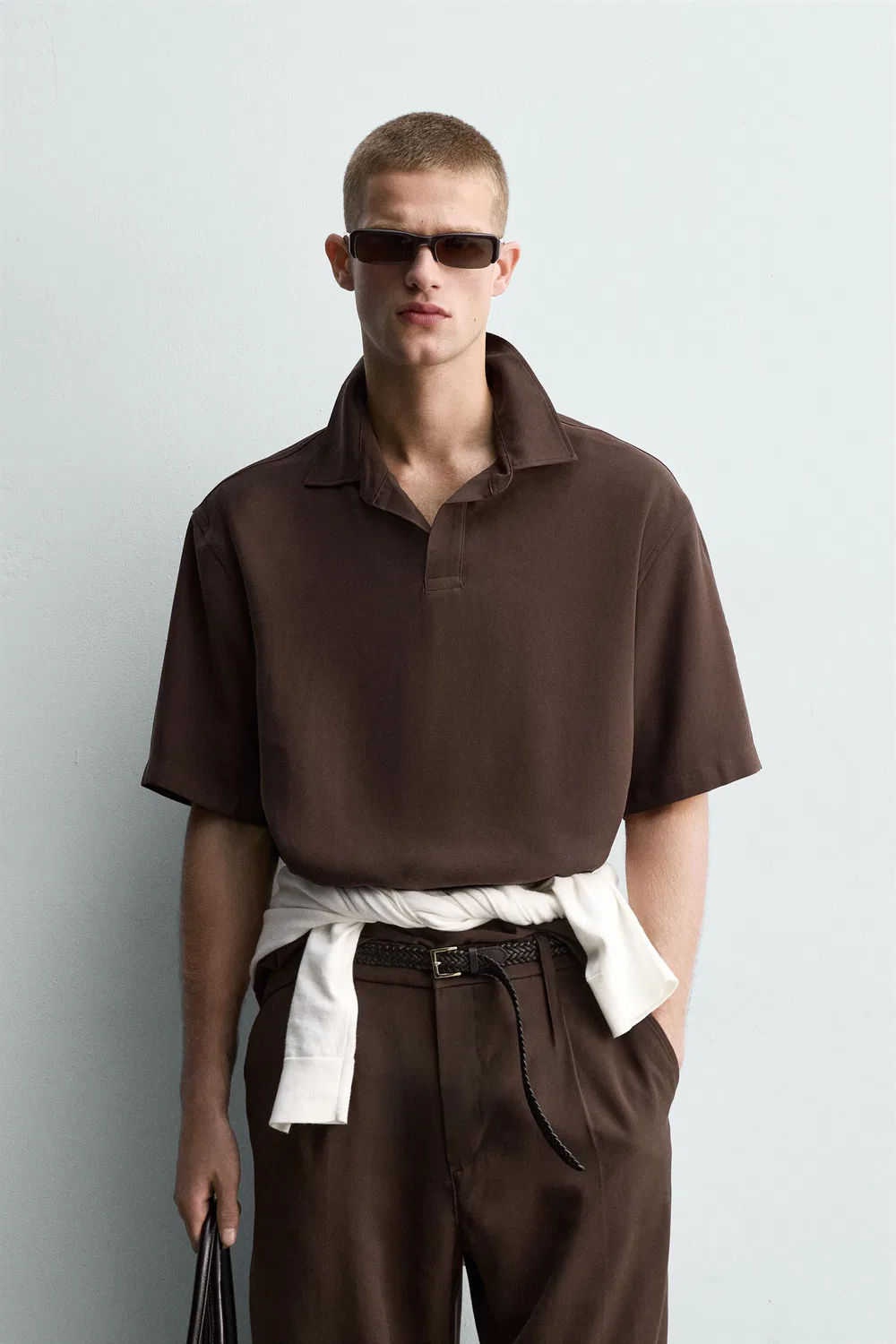 Свободная, струящаяся рубашка-поло ZARA, Brown — фото 2