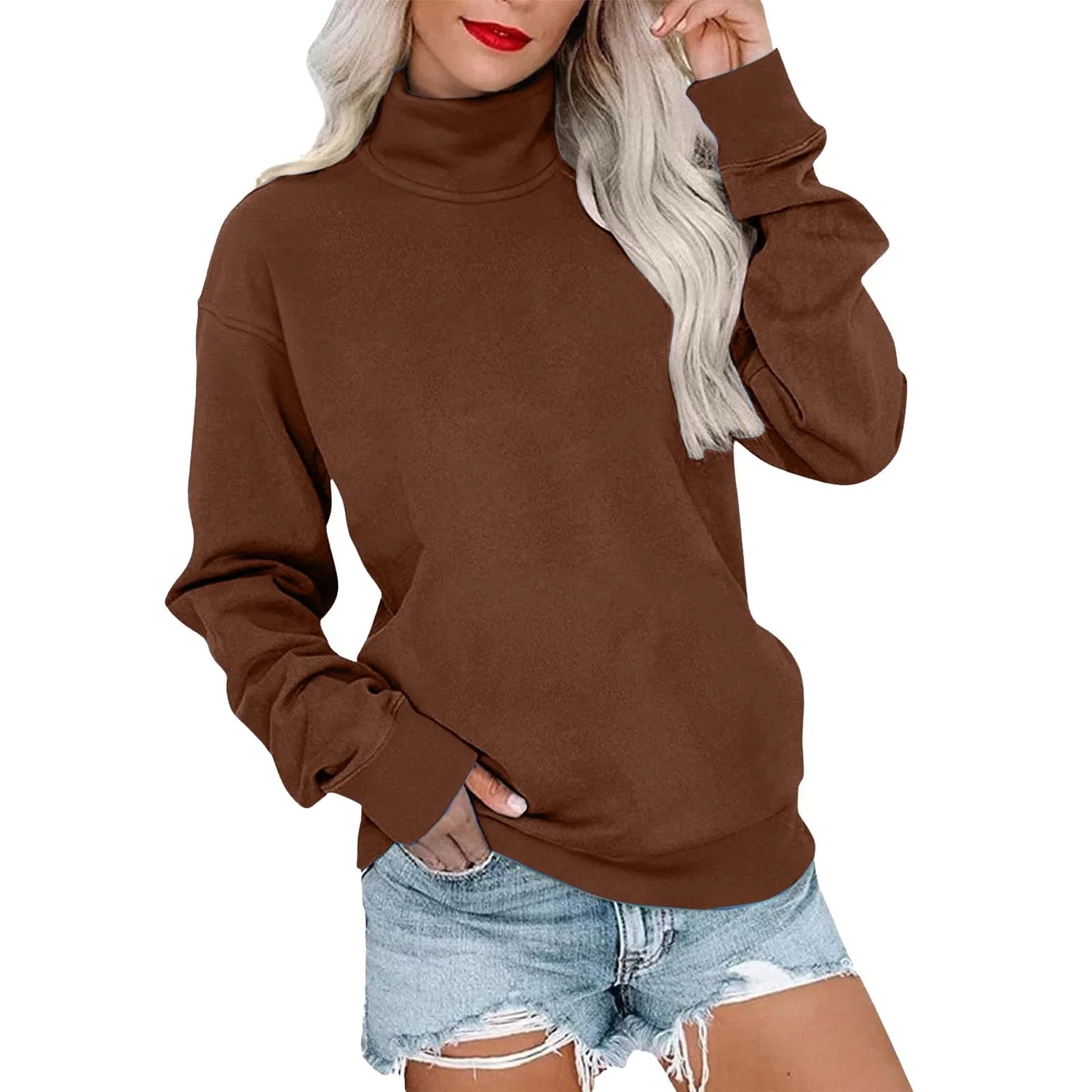 Женский свитшот с круглым вырезом и длинным рукавом из флиса, Brown