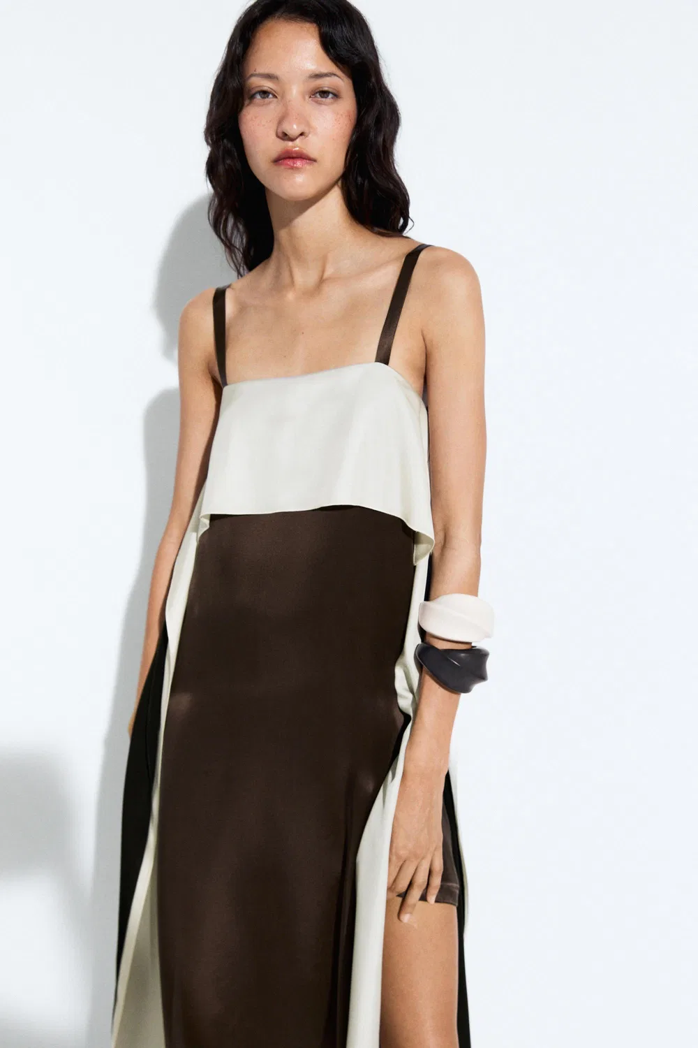 Платье Massimo Dutti, миди, с цветовыми блоками, коричневый — фото 4