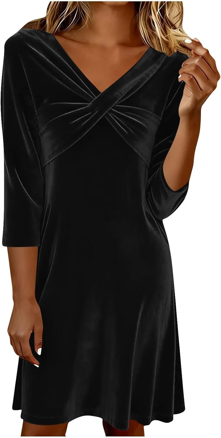 Женское платье с V-образным вырезом Women's Fashion Dress, Black