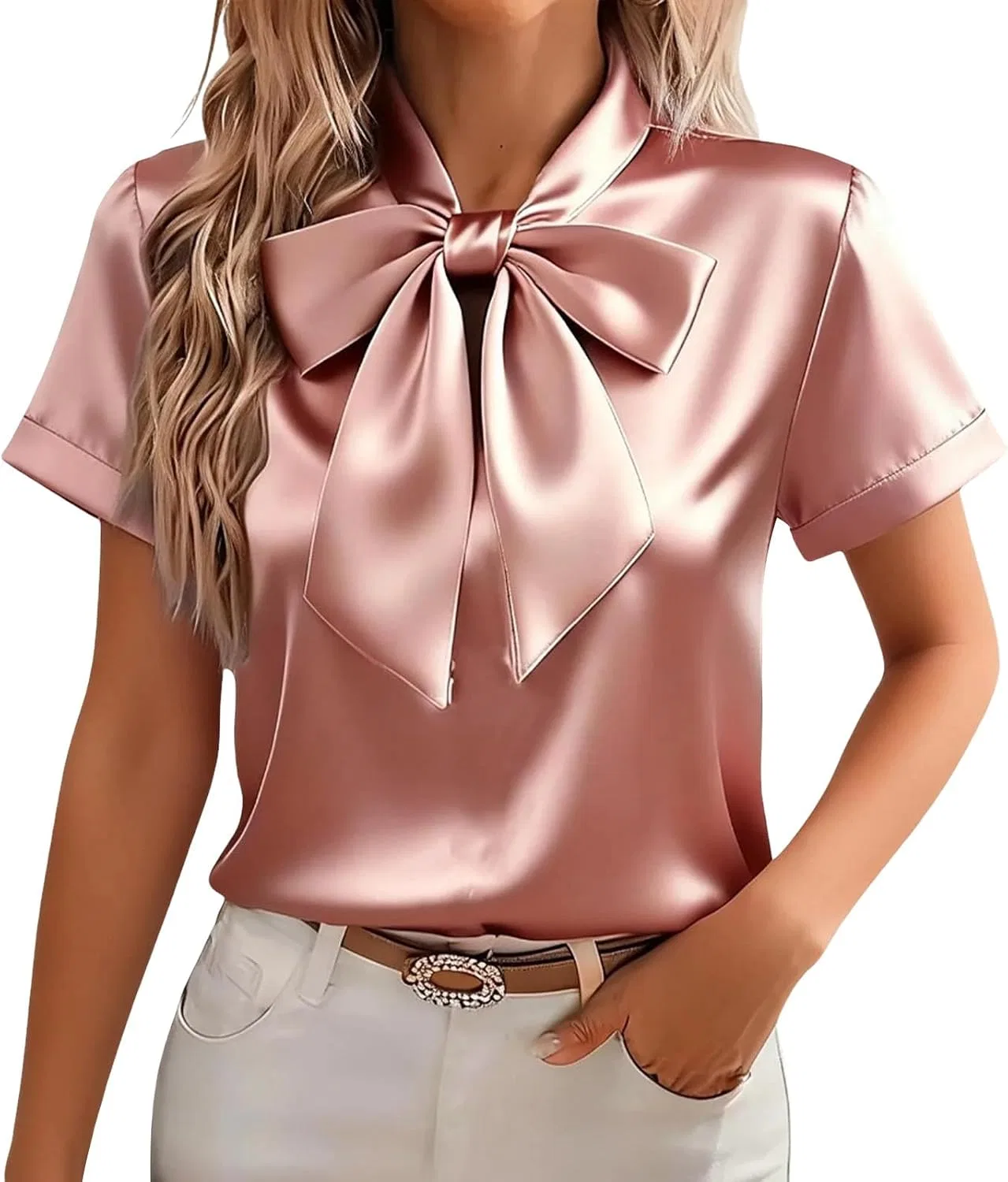Женская блузка с коротким рукавом с бантом, Silky, розовый