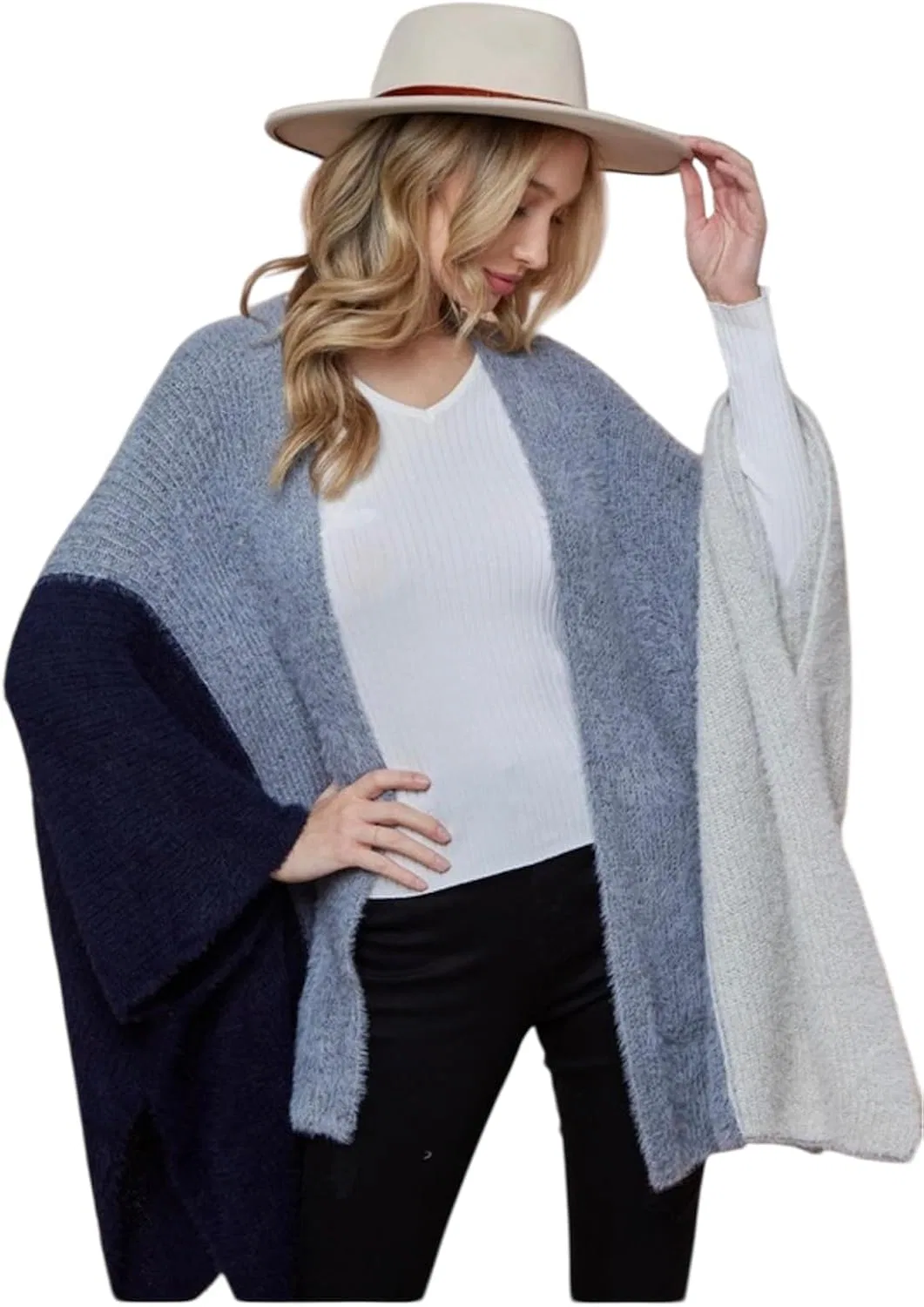 Женский кардиган-шаль с цветовым блоком, с длинным рукавом, Grey Navy White Colorway, Grey Navy Blue and White Color Block