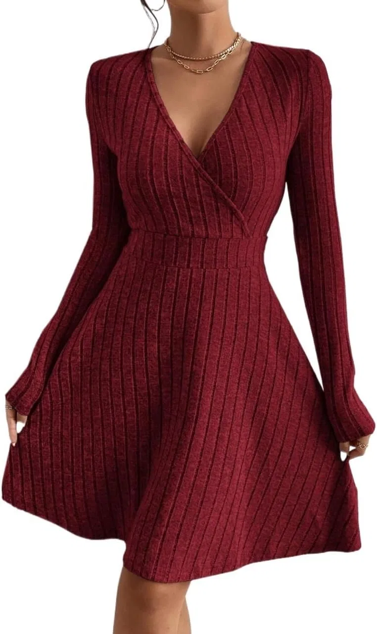Женское платье А-силуэта с V-образным вырезом, Rib-Knit, Burgundy