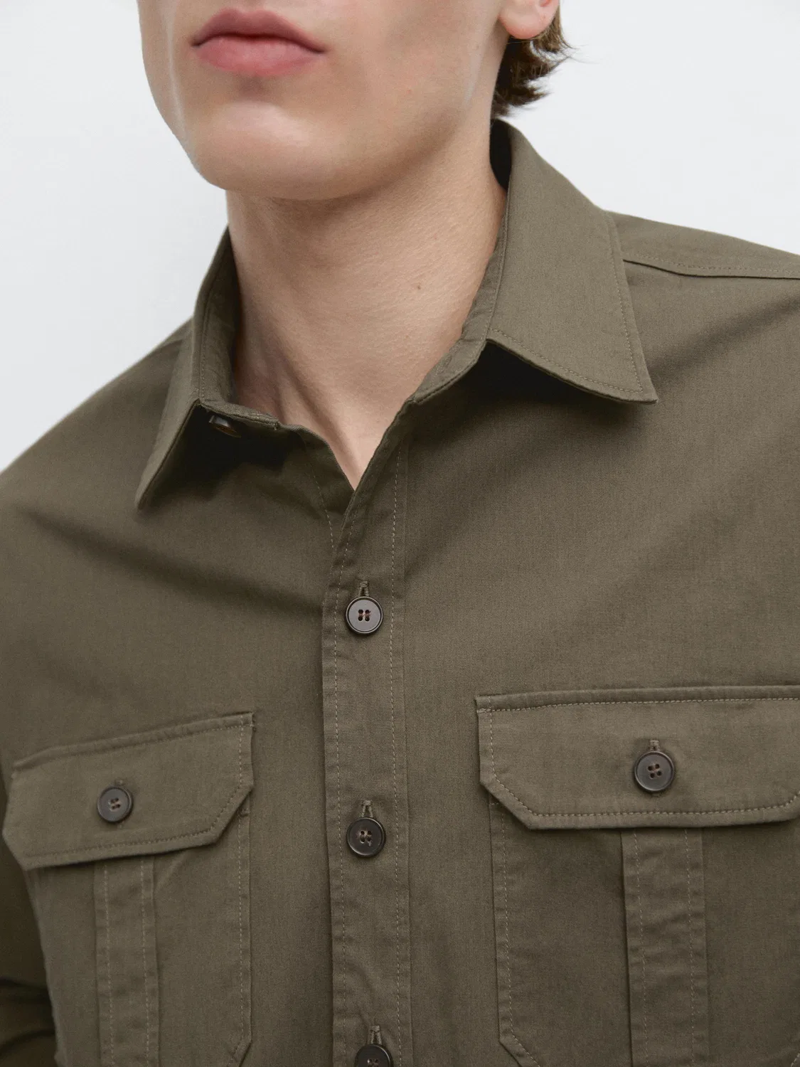 Рубашка-Куртка из смесовой хлопковой ткани с карманами Massimo Dutti, Medium Khaki — фото 4