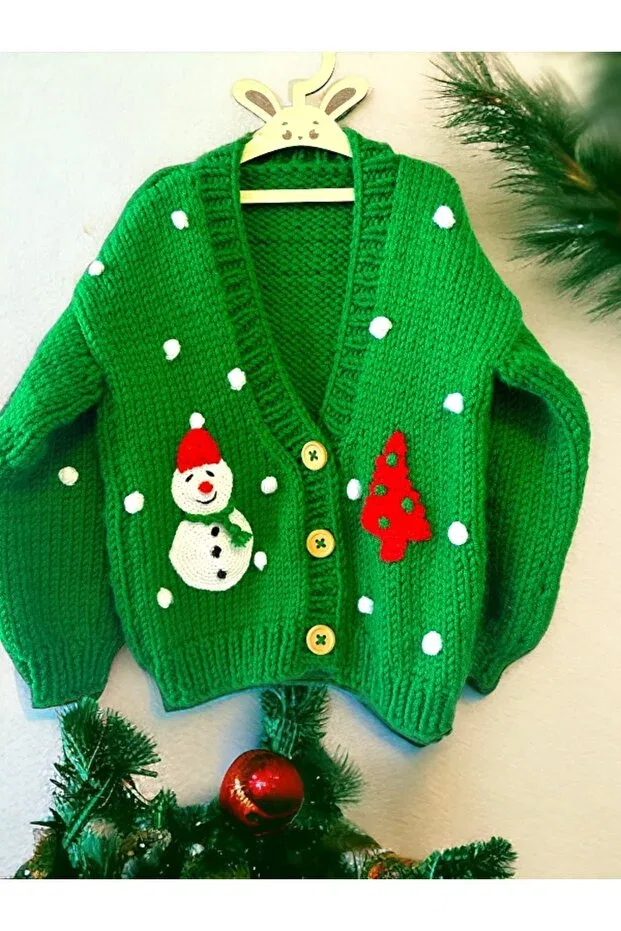 Детский кардиган с принтом Hand knitted christmas detailed woolen jacket children's cardigan Alpiu, Green