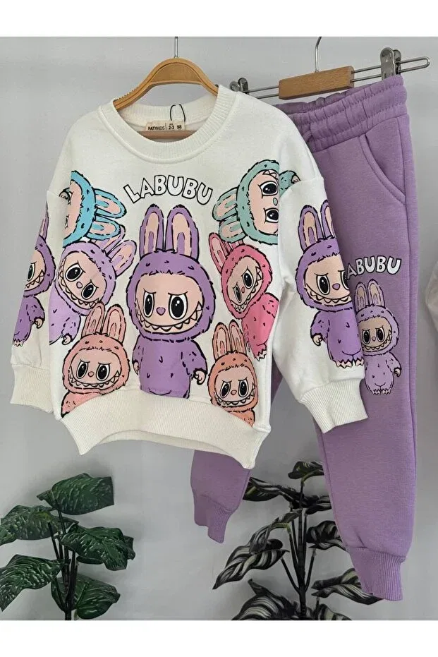 Детский комплект свитшота и спортивных штанов для девочек с принтом Labubu Printed Paty Kids, Purple — фото 3