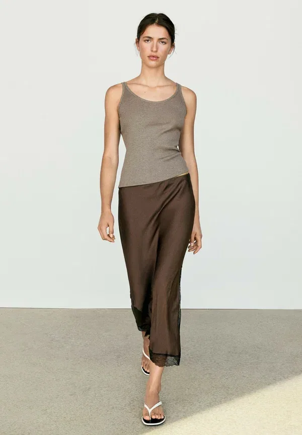 Юбка кружевная Lace-trimmed midi skirt Massimo Dutti, темно-коричневый