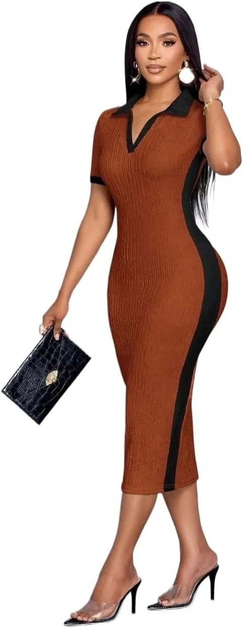 Женское миди-платье с V-образным вырезом Color Knit, Brown