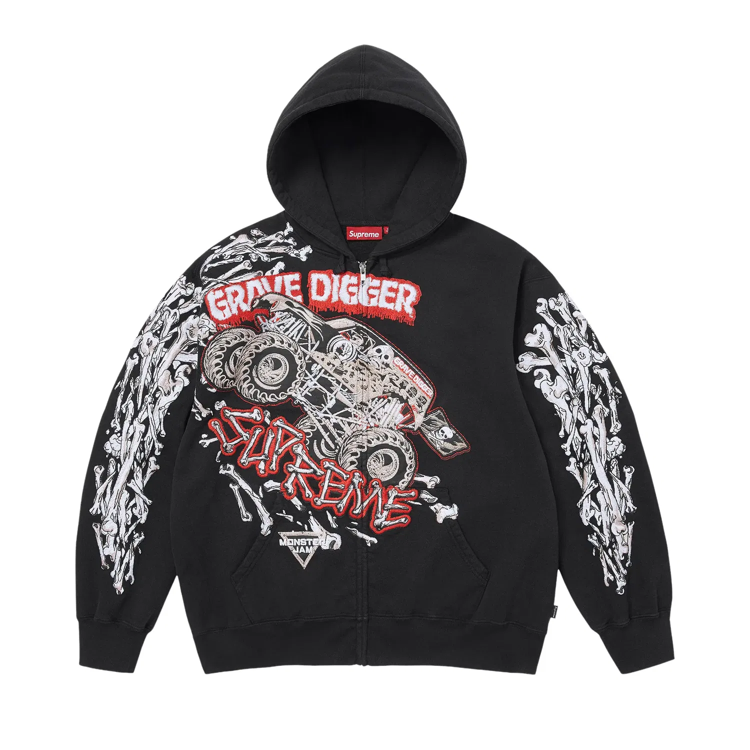 Толстовка Supreme Monster Jam Grave Digger Bones на молнии с капюшоном, черный