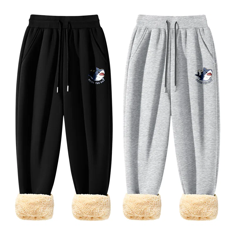 Детские утепленные флисовые штаны на манжетах [2 Pack Replacement] Black (Happy Shark Pants Logo)+Heather Gray (Happy Shark Pants Logo), MINISO, Черный + Серый