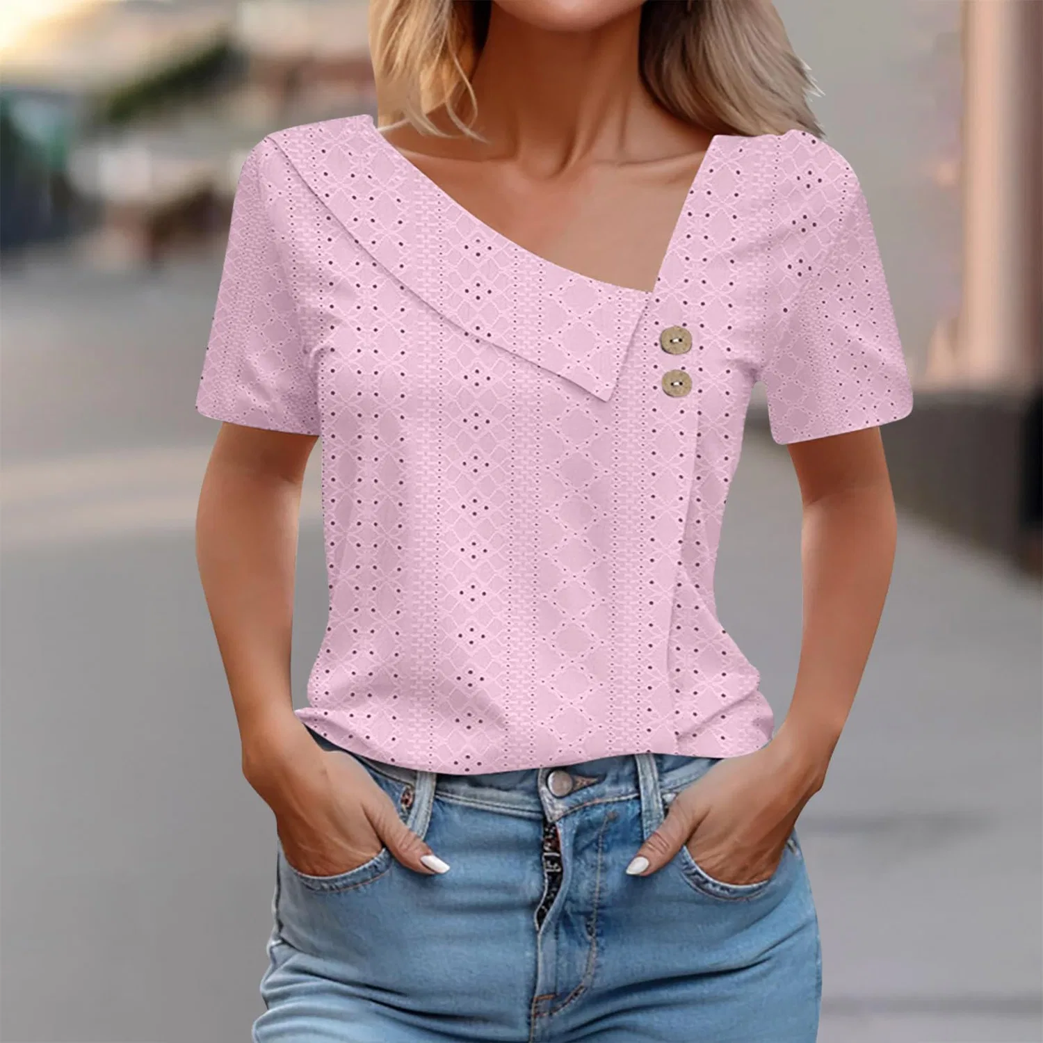 Женская блузка свободного кроя с V-образным вырезом Elegant Loose V-Neck Solid Color Button Neck Top, Pink-1 — фото 2