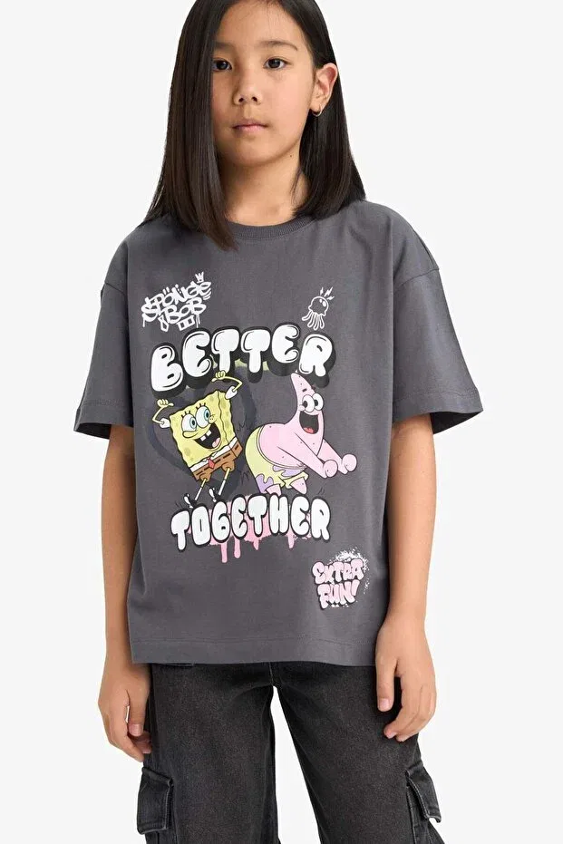 Детская футболка для девочек с принтом Spongebob oversize wide fit crew neck short sleeve t-shirt girl e6565a825hs Defacto, Anthracite-Ar148
