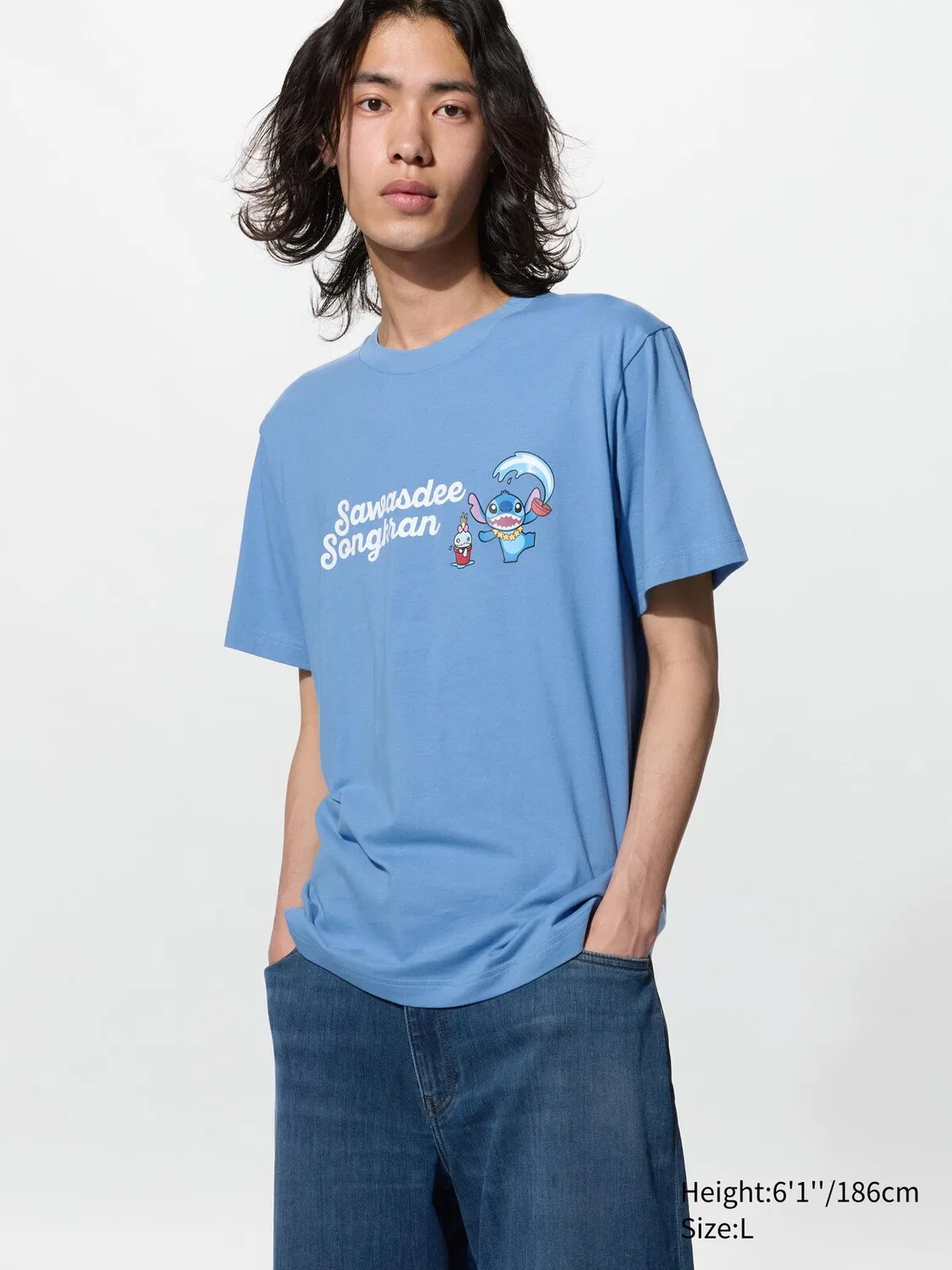 Футболка Uniqlo, с графическим принтом "Stitch in thailand ut", синяя