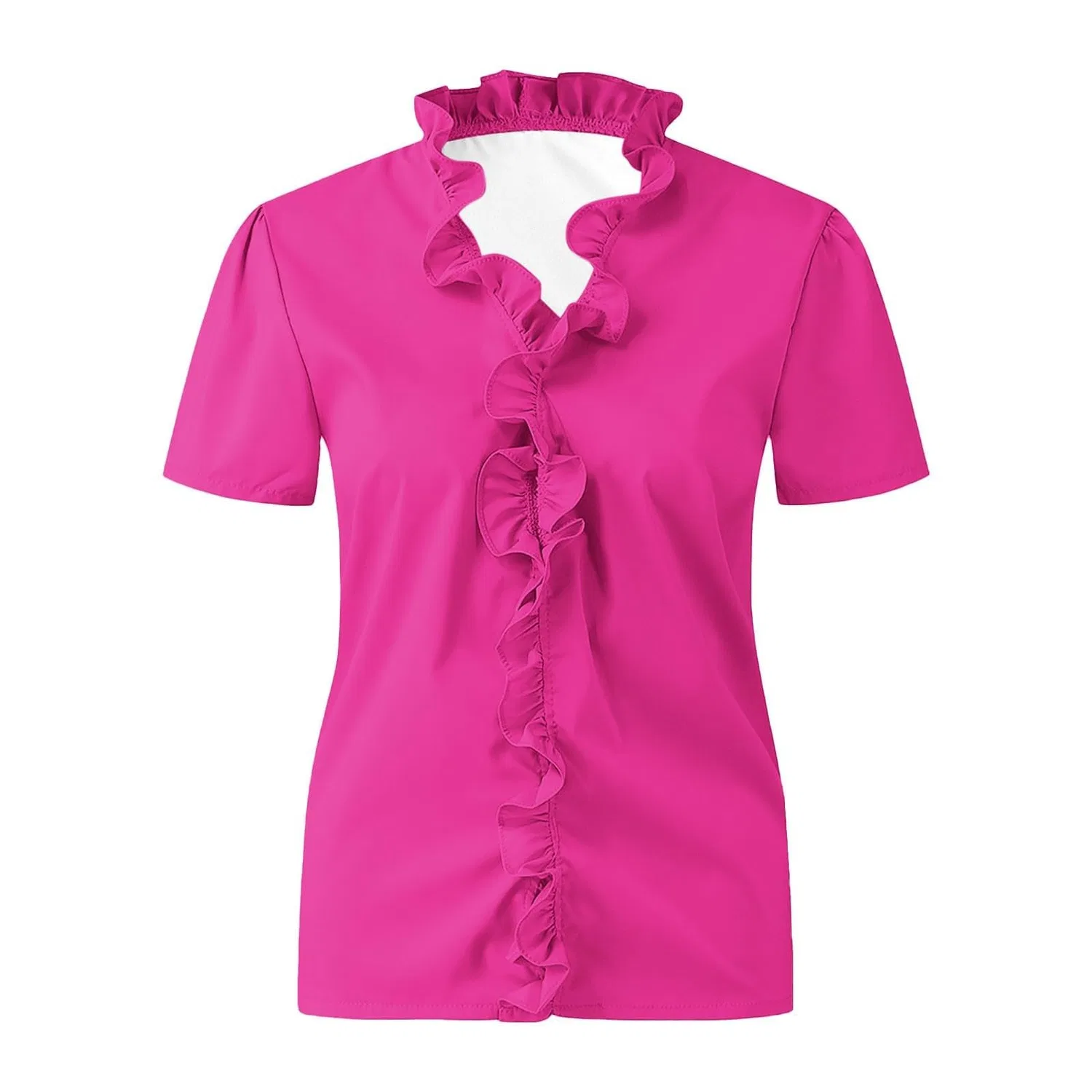 Женская блузка с V-образным вырезом и коротким рукавом с оборками, Hot Pink — фото 3