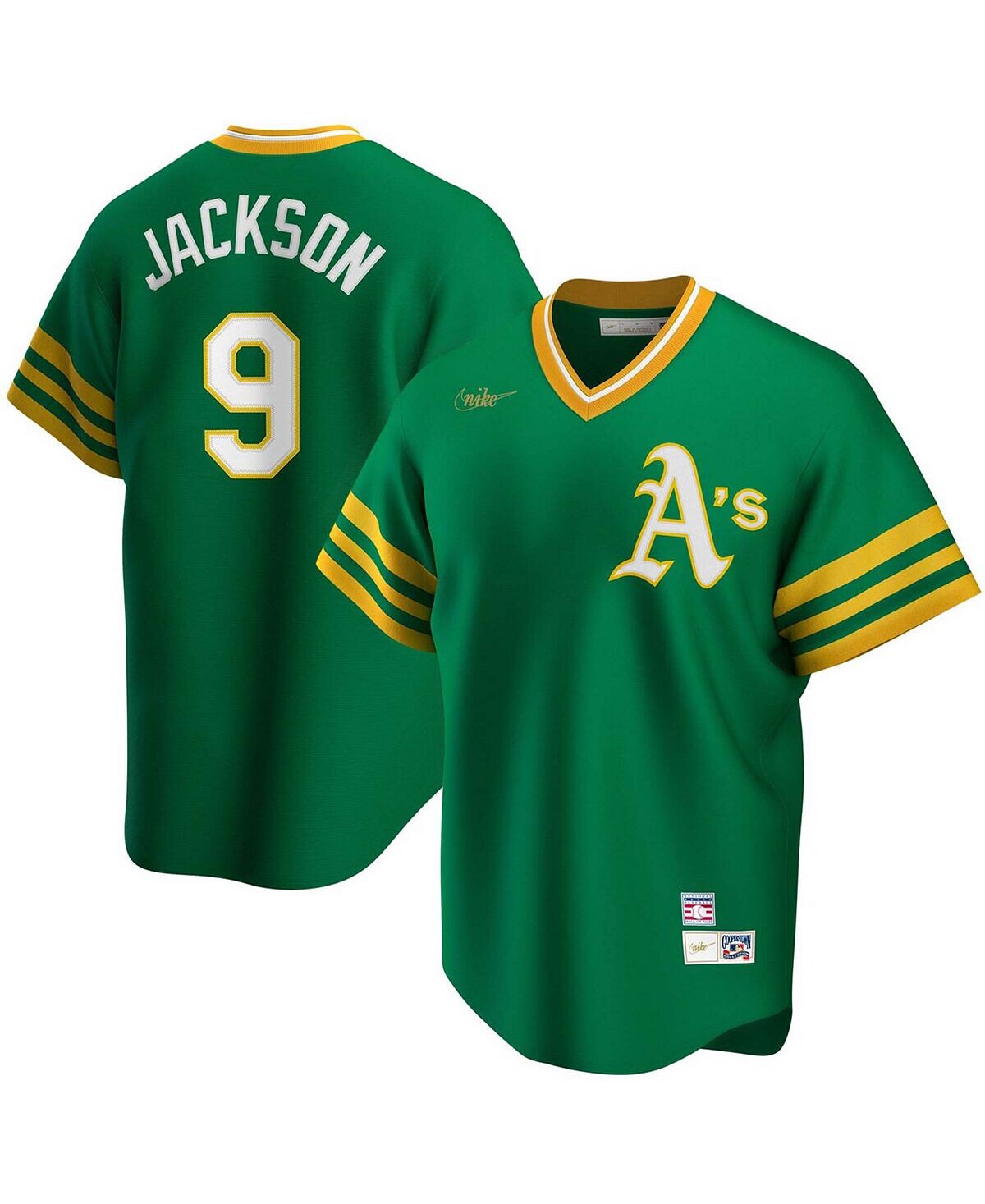 

Мужская футболка reggie jackson kelly green oakland athletics road cooperstown collection player Nike, мульти