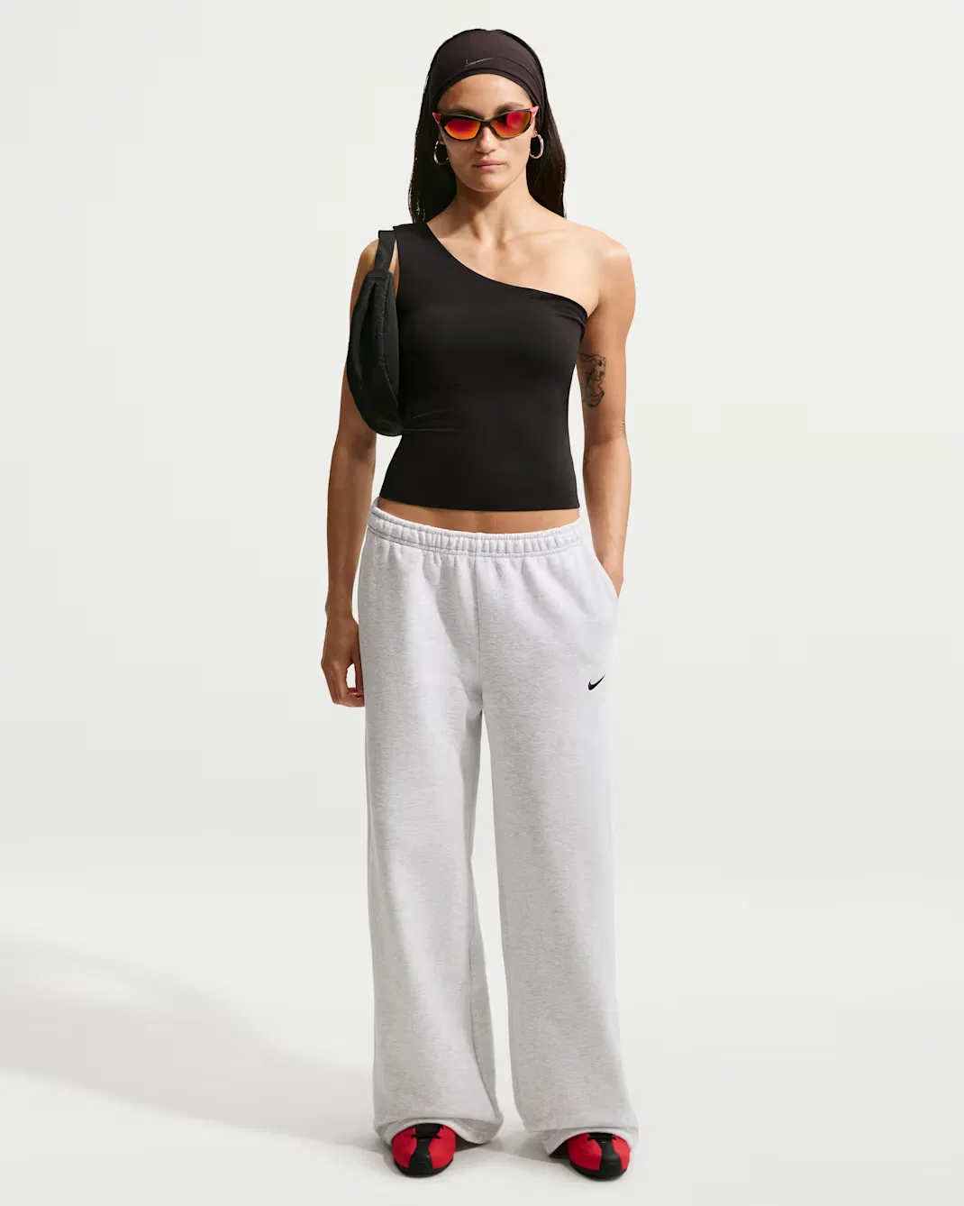 Женские брюки средней посадки с широкими штанинами Nike Studio Fleece Medium Weight, Birch Heather/Black
