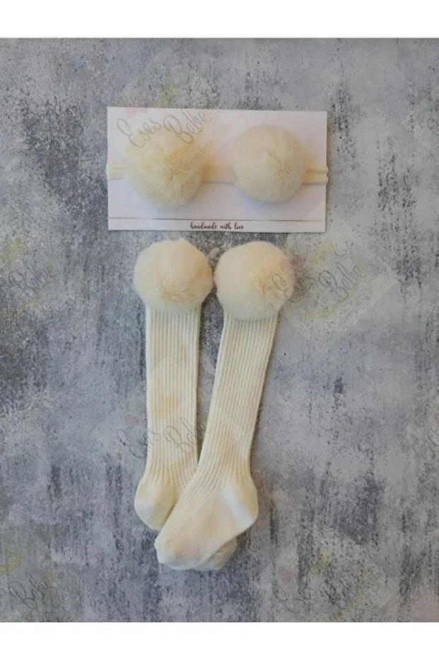 Детский комплект носков и косынки с помпонами Eses Bebe, Nude Color