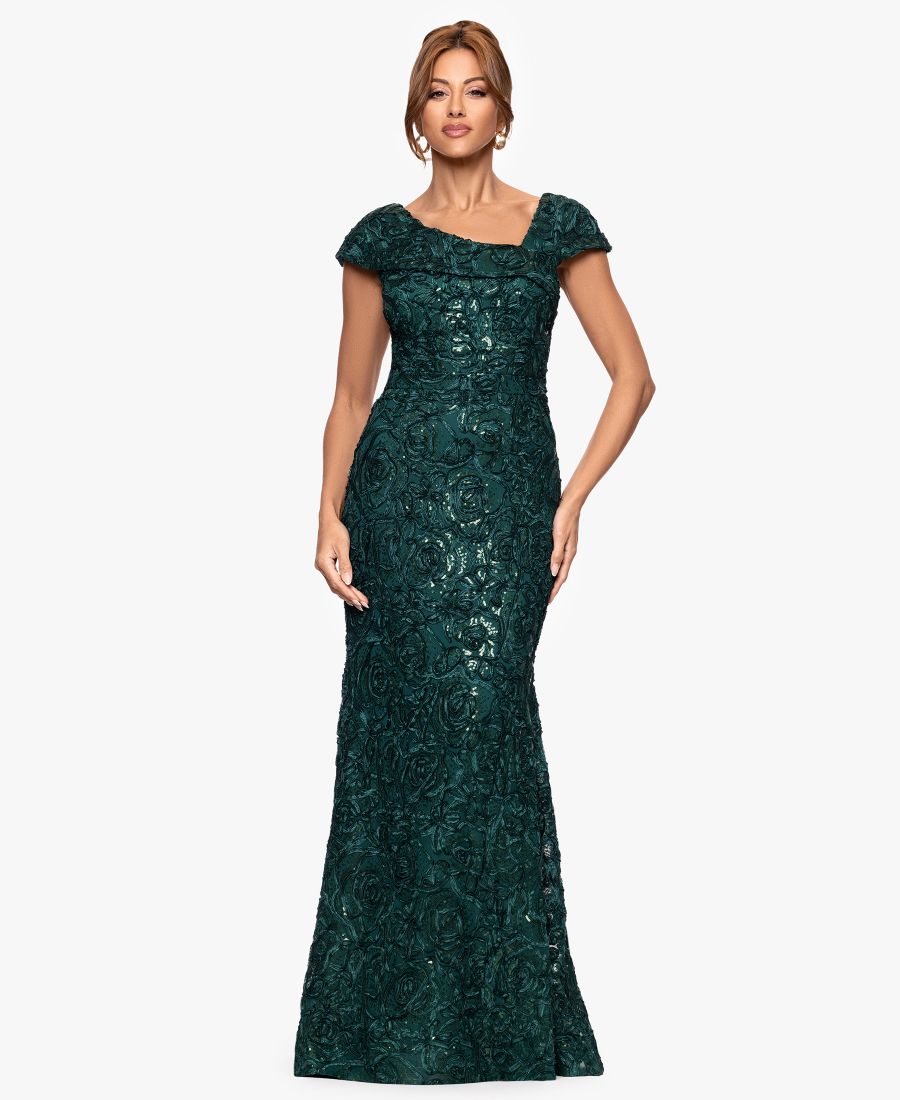 

Укороченное длинное платье с рукавами-крылышками и асимметричным вырезом, выполненное в технике сутажа XSCAPE, Hunter