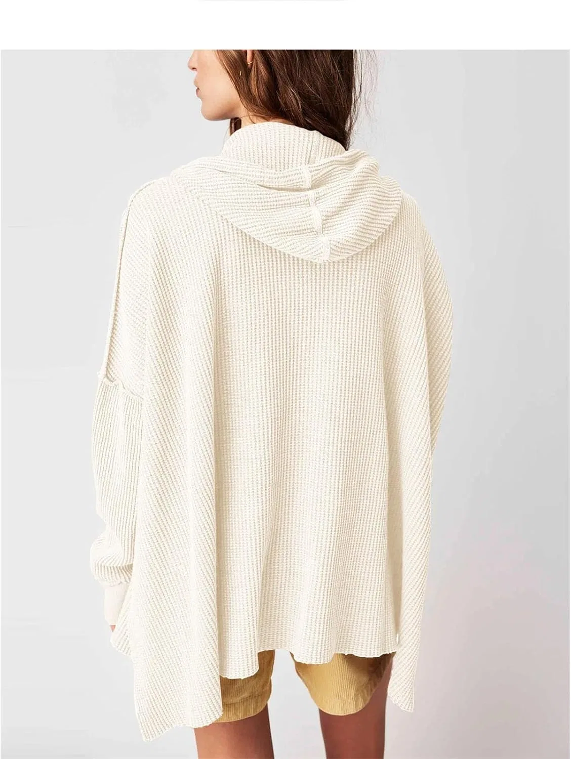 Женский оверсайз пуловер с капюшоном и длинным рукавом, пэчворк, Casual Fashion Top, кремовый/белый — фото 2