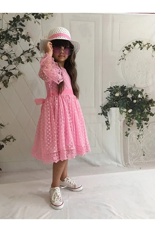Детское платье для девочек кружевное Laced Princess Model Delfini Kids, Candy Pink — фото 3