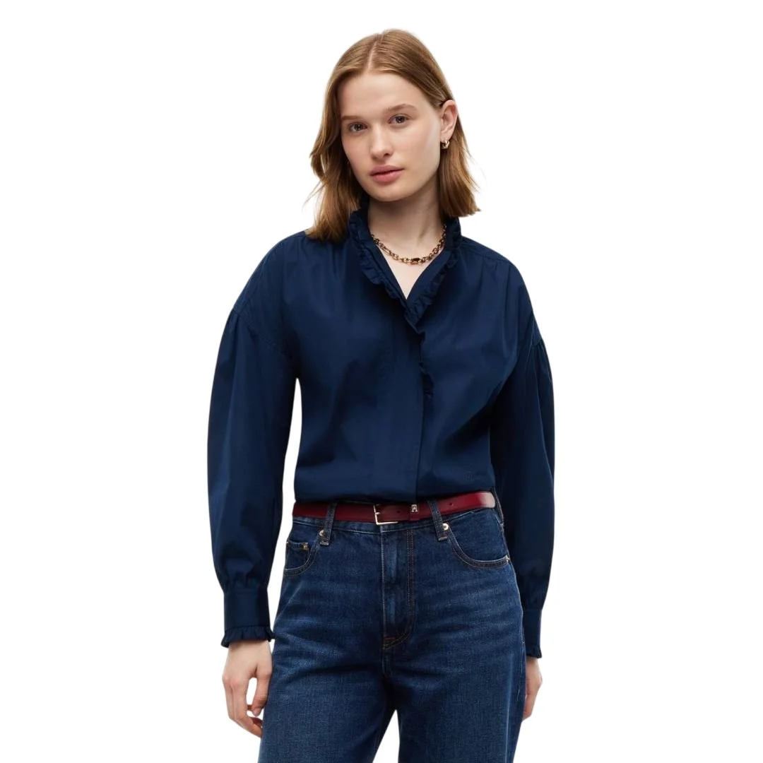 Женская блуза Tommy Hilfiger Oversized Fit Ruffle Collar Poplin, тёмно-синий