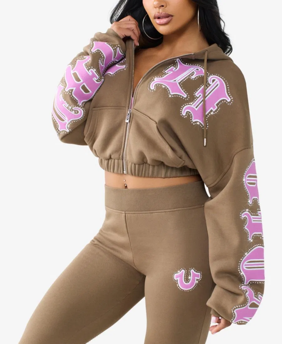 Худи с молнией и кристаллами, свободного кроя, модель Crystal Patched Relaxed Girlfriend Zip Hoodie True Religion, Shitake — фото 2