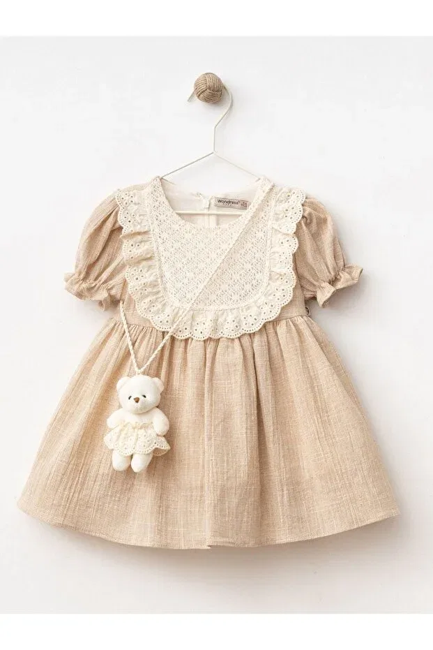 Детское платье для девочек льняное Lacy şile linen baby girl dress Cherrys Bebek, Camel — фото 2