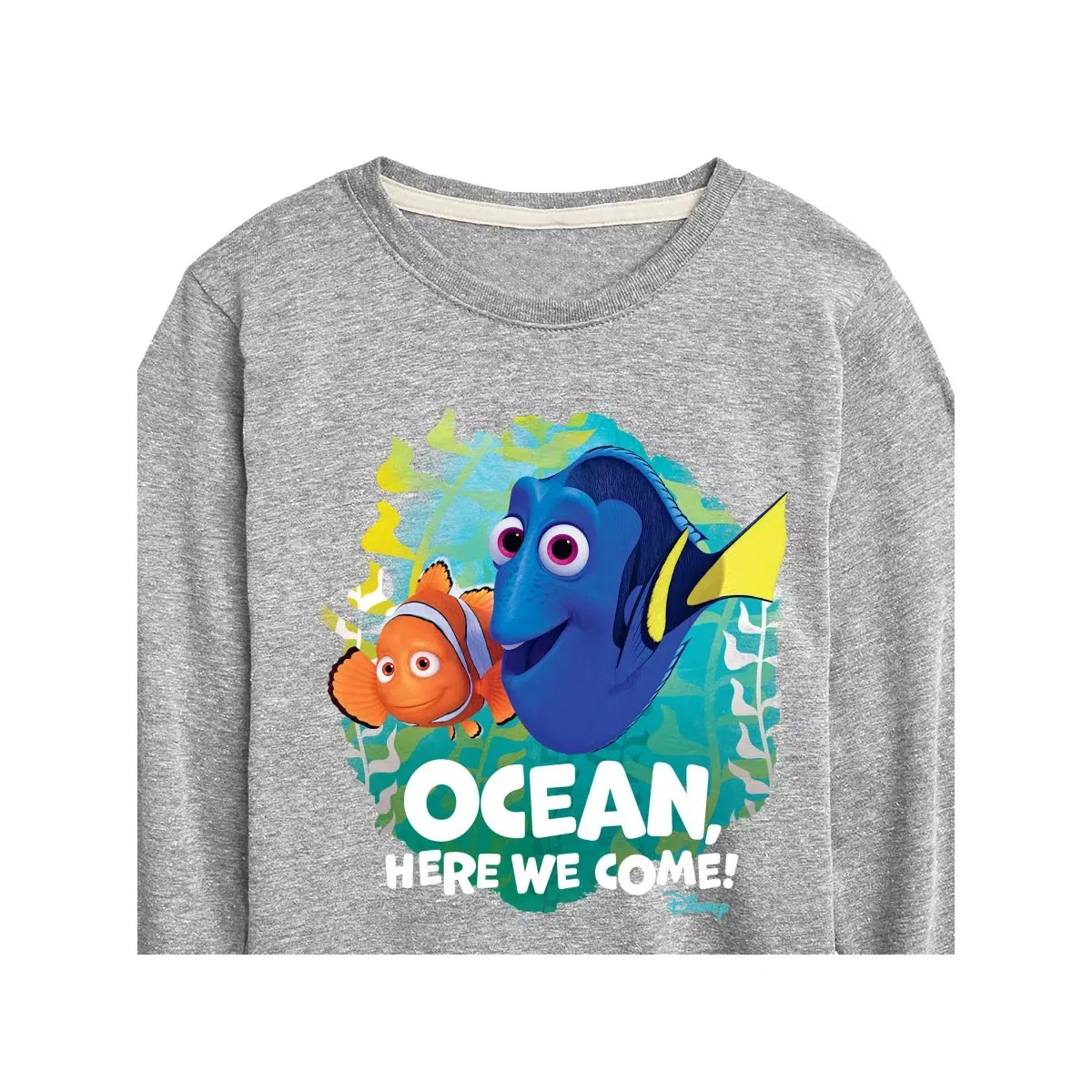 Детская футболка с длинным рукавом с принтом Ocean Here We Come Disney, Athletic Heather — фото 2
