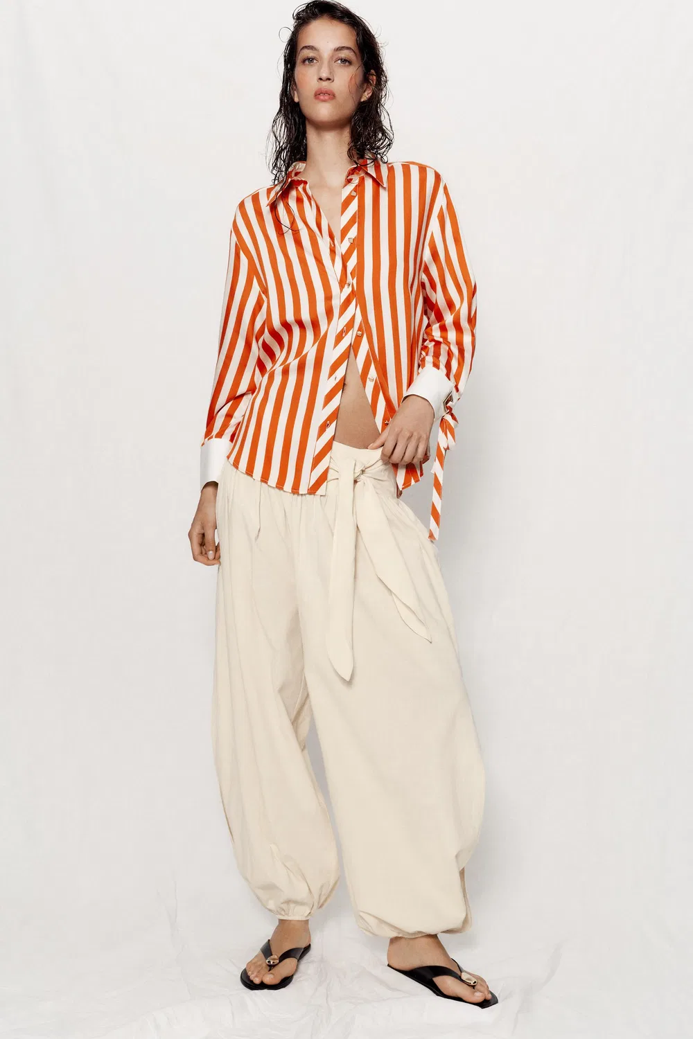 Рубашка в полоску с бантиками ZARA, White-Orange