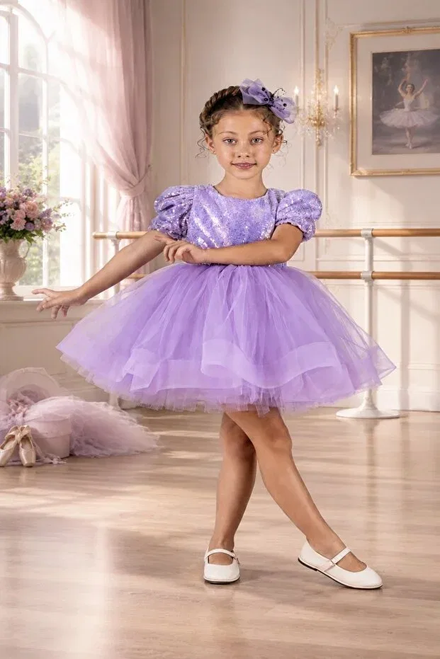 Детское платье для девочек с пайетками Ballerina model sequin embroidered fluffy tulle girls' evening dress-party-birthday-ball-gown-show dress Dekubaby, Lilac