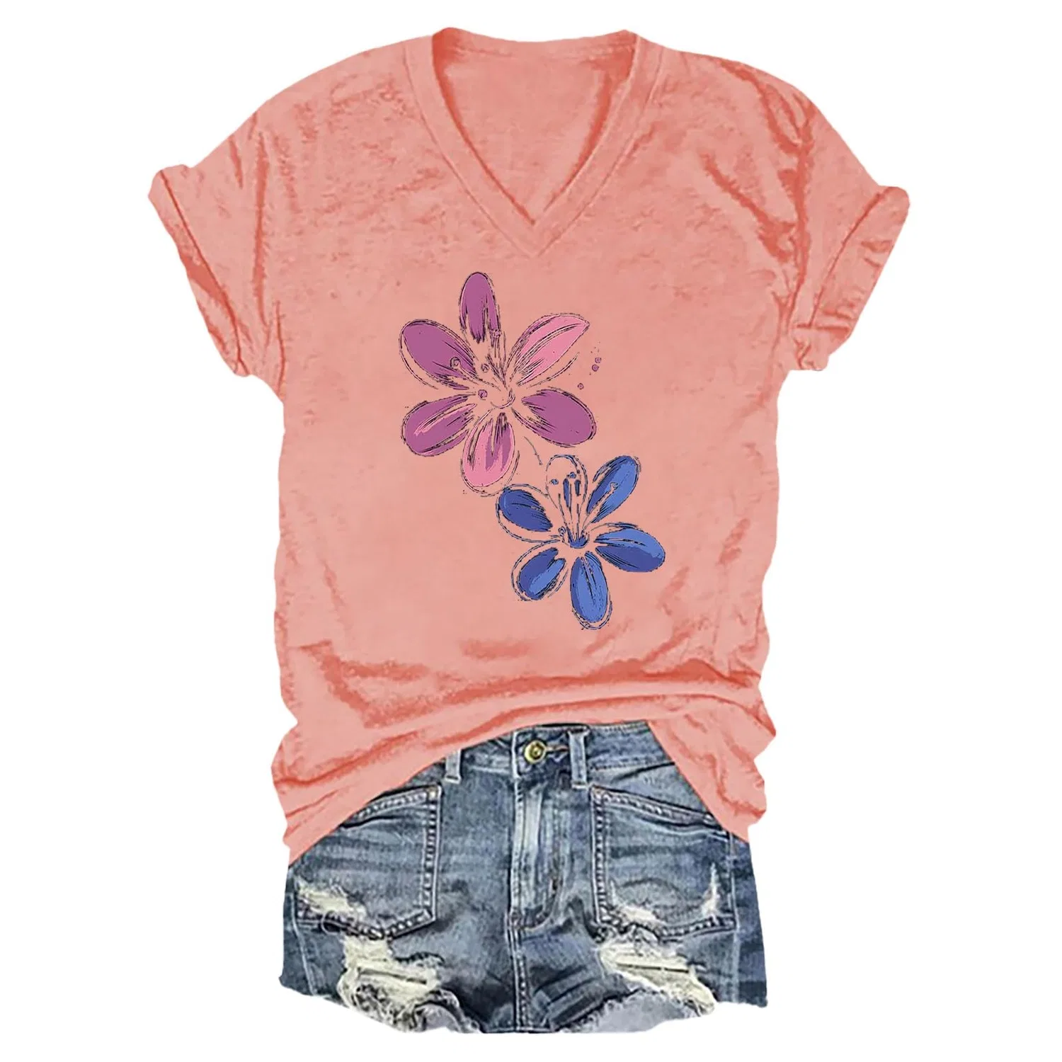 Женская футболка с принтом Vintage Boho Wild Flower, с v-образным вырезом и коротким рукавом, Z03-pink