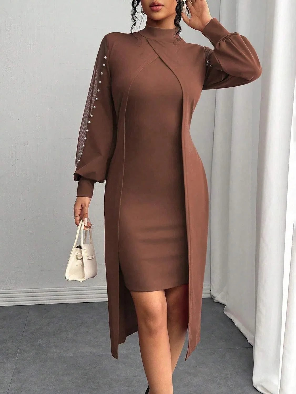 Женское облегающее платье с асимметричным вырезом Bodycon, Brown — фото 4