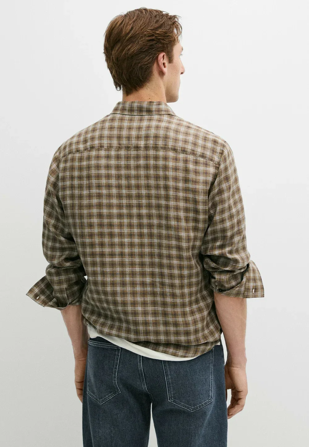 Рубашка в клетку, 100% лен, стандартный крой Massimo Dutti, Dark Brown — фото 3
