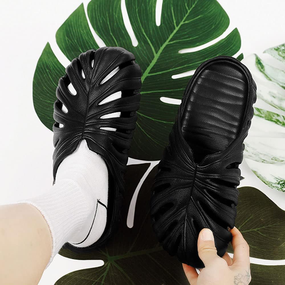 Шлепанцы QUROXO с монстерой, слайды Monstera для женщин и мужчин, мягкие домашние тапочки-подушки с монстерой, открытые шлепанцы для душа, черный — фото 4