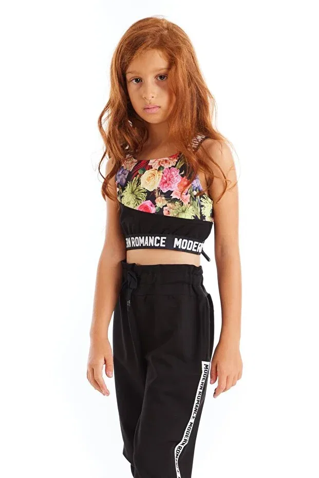 Детский топ-кроп для девочек с принтом Modern Romance Floral Patterned Colorinas, Black — фото 3