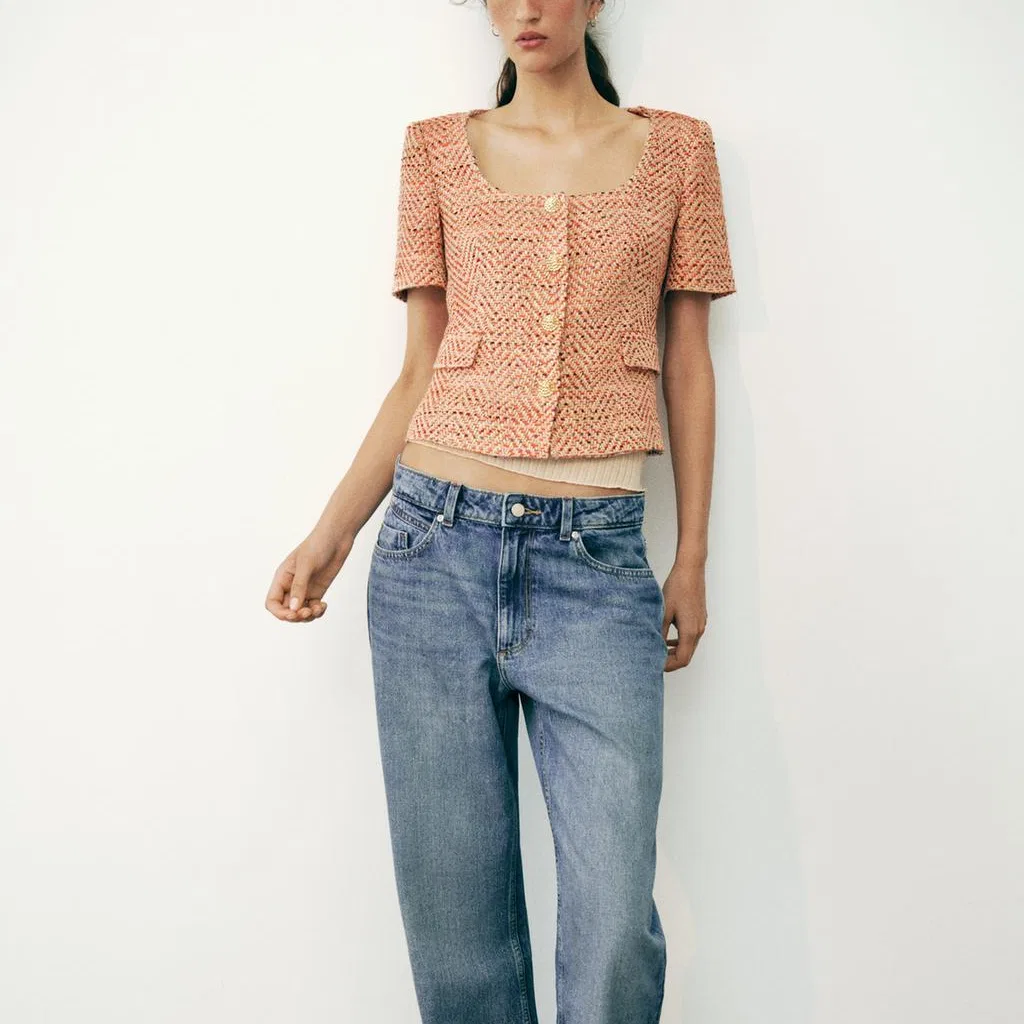 Женский деловой костюм с квадратным воротником, ZARA, Orange — фото 4