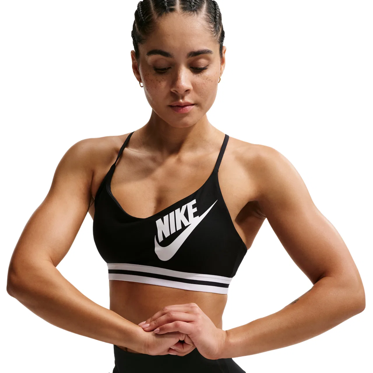 Женский спортивный бюстгальтер с перекрестной спинкой, Nike Indy Logo Bra, Nike, White/Black/Black