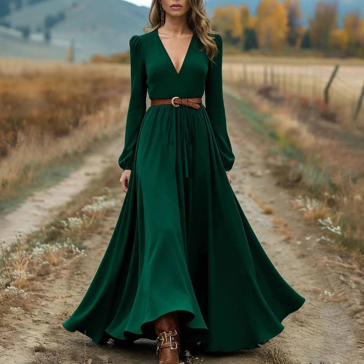 Женское платье макси с длинным рукавом V-образным вырезом и поясом, Army Green — фото 2