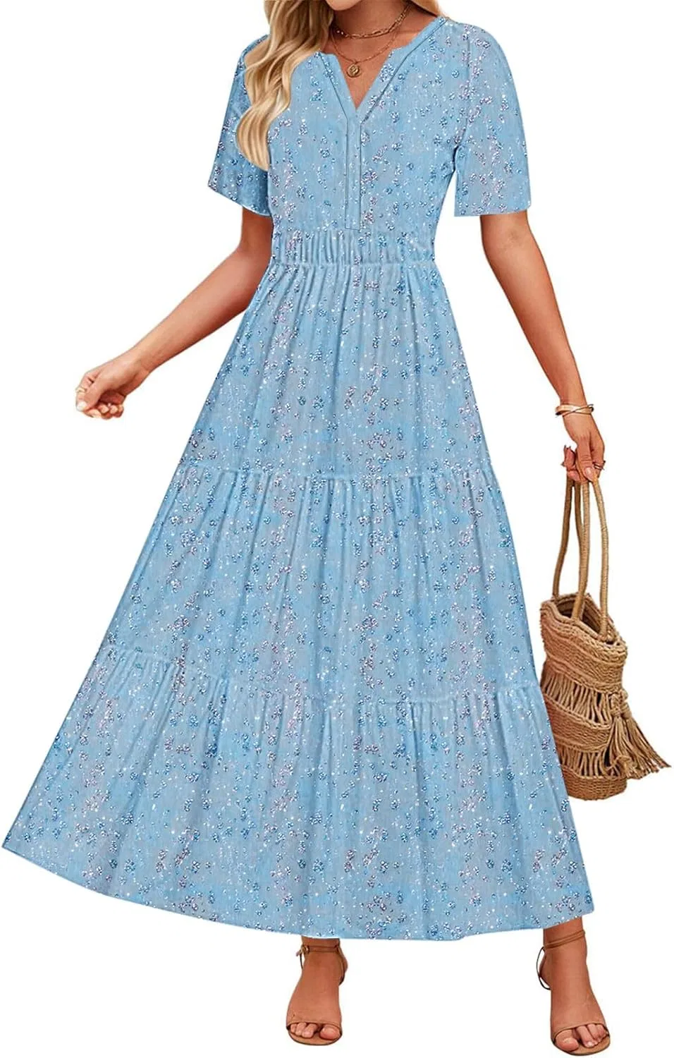 Женское летнее платье А-силуэта миди с коротким рукавом, Light Blue