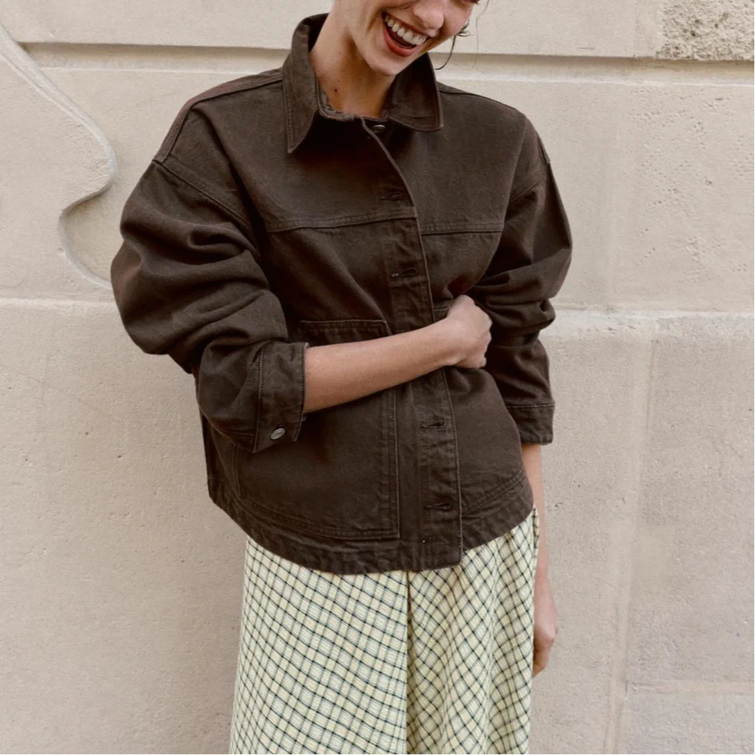 Женская джинсовая куртка с отложным воротником Brown ZARA, Brown — фото 4
