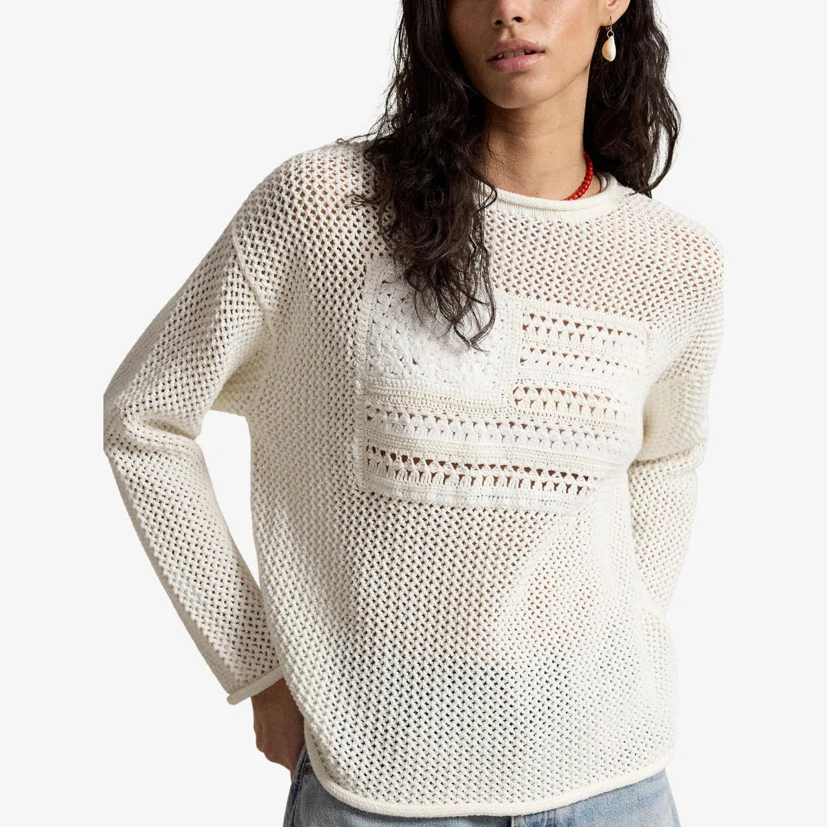 Хлопковый джемпер с ажурной вязкой «Флаг» Polo Ralph Lauren, белый/мультиколор — фото 3