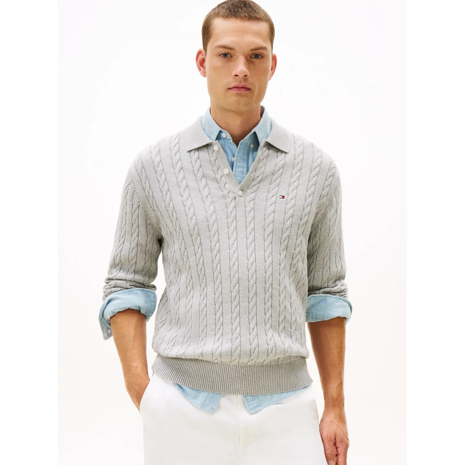 Мужской пуловер с поло-воротником и косичками Tommy Hilfiger, Light Grey Heather