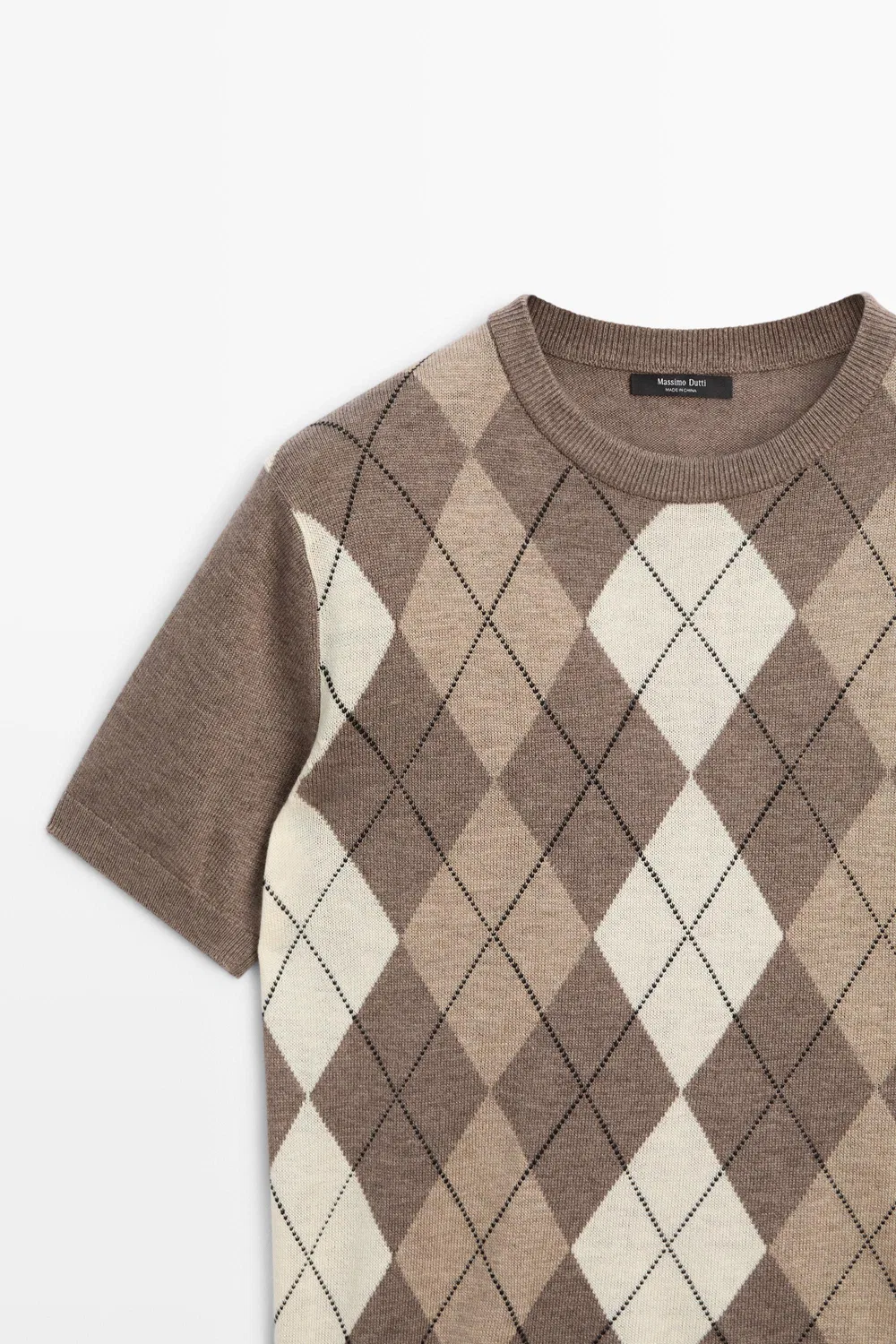 Свитер Massimo Dutti Short Sleeve Diamond-Pattern, серо-бежевый — фото 4