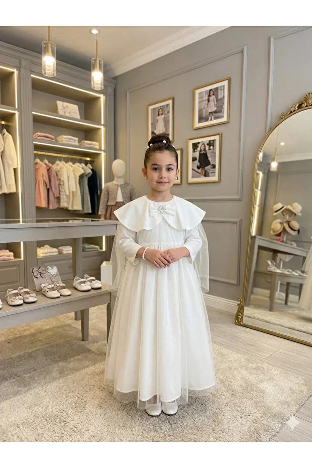 Детское платье для девочек с длинным рукавом Mihrimah Cape Cloak Sare Çocuk Giyim, White
