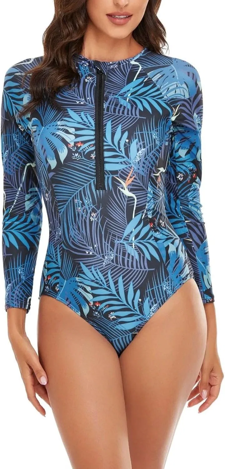 Женский слитный купальник с принтом и zip-застежкой Slim Fit, Blue — фото 2