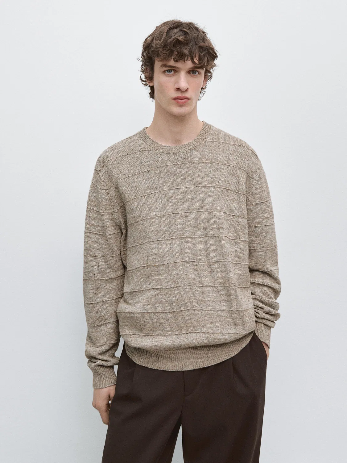 Вязаный свитер в полоску с круглым вырезом Massimo Dutti, Mink — фото 2