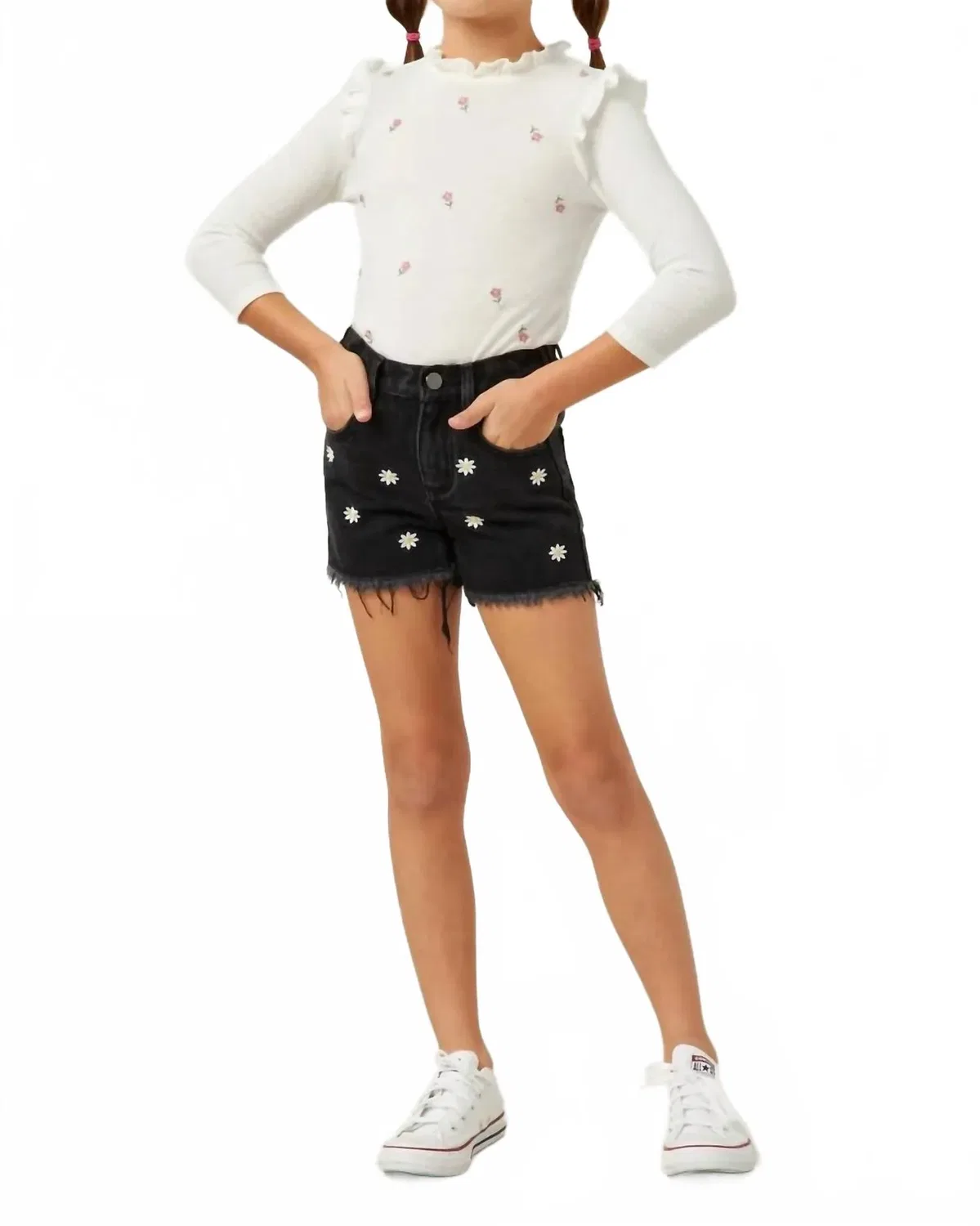 Детские шорты для девочек с вышивкой и необработанным краем Floral Embroidered Shorts Hayden LA, черный