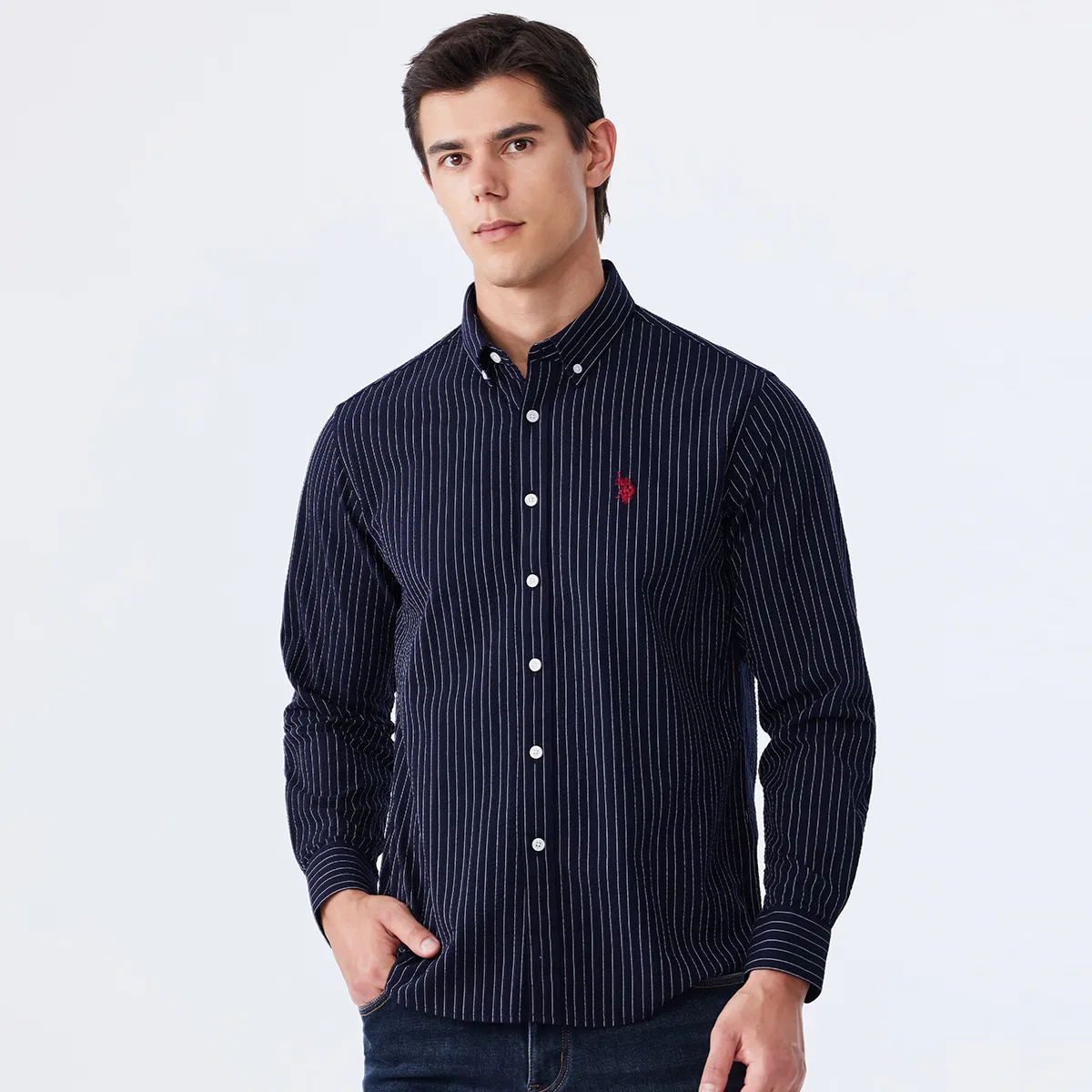 Мужская рубашка с длинным рукавом U.S. POLO ASSN., Navy Blue Stripes — фото 4